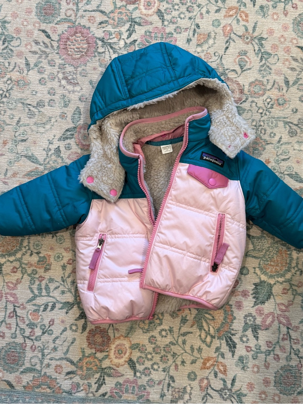 Patagonia Reversible Toddler Puffer Jacket Teal and Light Pink